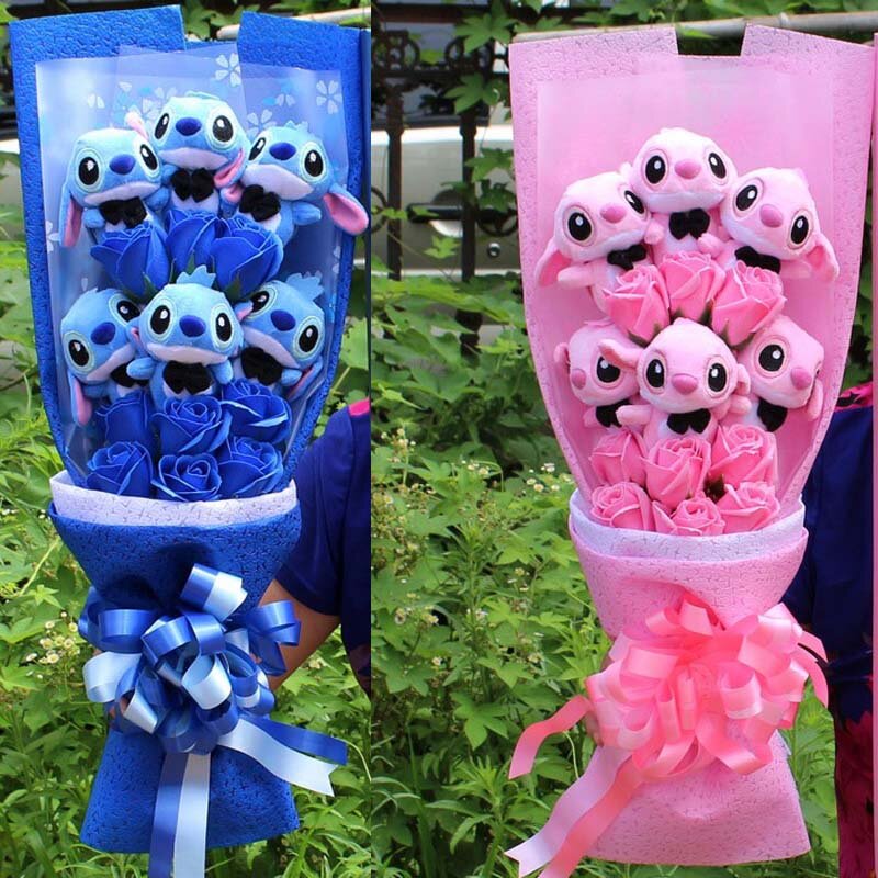Trasporto di goccia Cartoon Lilo Stitch giocattoli per bambole di peluche Bouquet di Rose confezione regalo Stich Bouquet di peluche con fiore finto regalo per la festa nuziale