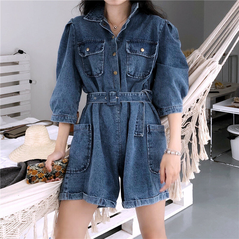 Women Denim Jumpsuits & Rompers 2020 Summer New Arrival Casual Fashionable Loose Short Wide Leg Pants With Belt Jean Playsuit