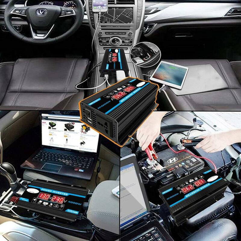 LED carro inversor conversor, transformador de tensão Dual USB, adaptador carregador, onda senoidal modificada, 4000W, 12V a 220V, 110V