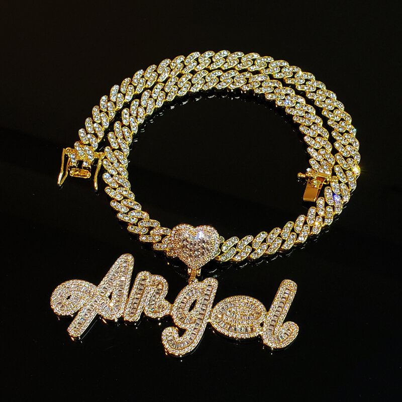 Grandbling Custom Name Necklace with Heart Rhinestone Cuban Chain Word Necklace  Iced Out CZ Personalized Hiphop Jewelry