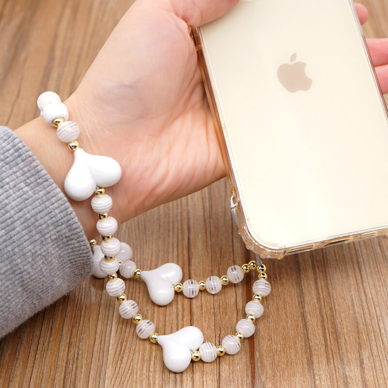 Go2Boho moda telefono catena gioielli cuore a strisce bianche oro pietra naturale perline catene gioielli per cellulare custodia donna