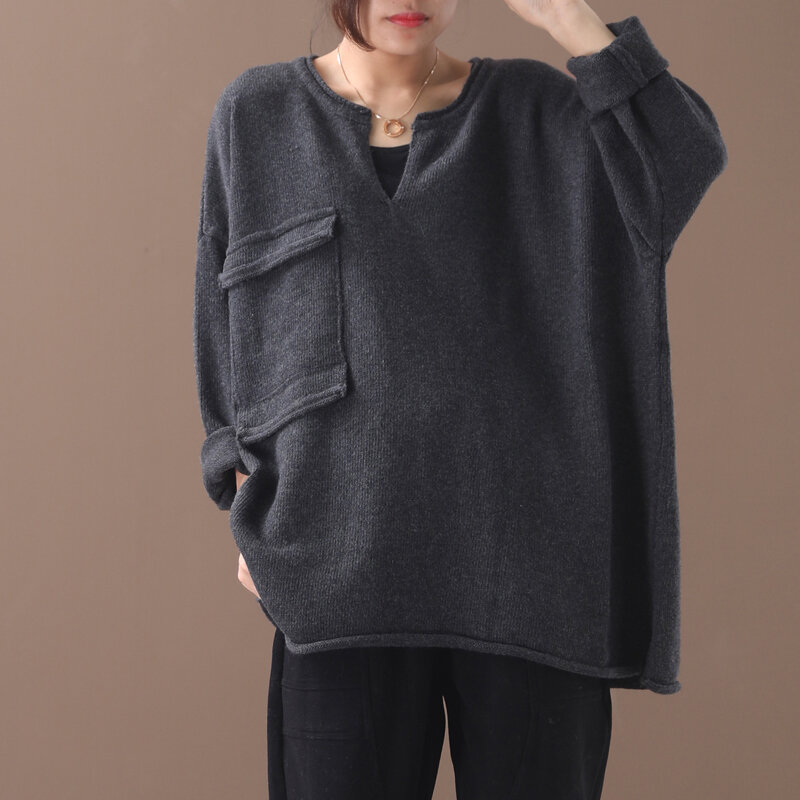 Suéter informal de talla grande para mujer, ropa de abrigo con cuello en V pequeño, estilo coreano, con un solo bolsillo, Otoño e Invierno