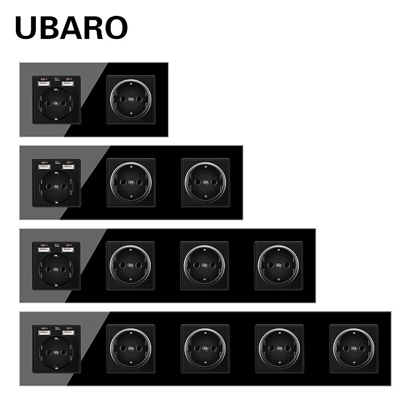 UBARO EU Standard 16A Tempered Crystal Glass Panel Wall Socket Power Outlet Electrical Plug With Usb 5V 2100mA  Ac110-250V Black