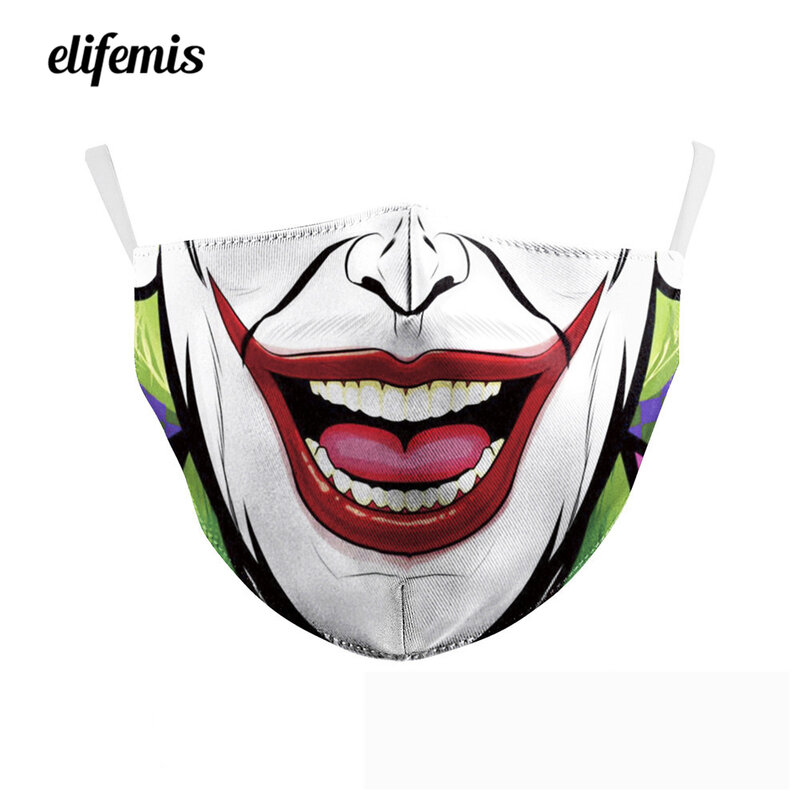 Máscara facial con estampado de labios de payaso sonriente para Joker, mascarilla lavable y reutilizable con estampado de calavera transpirable