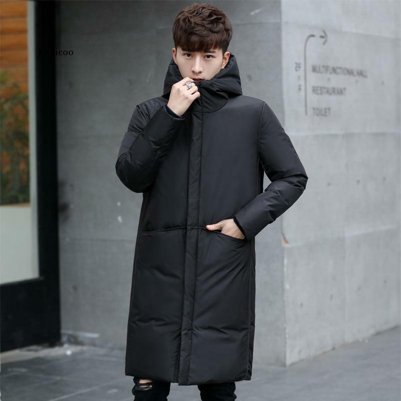 Jaqueta masculina grossa de algodão, casaco longo de algodão com capuz