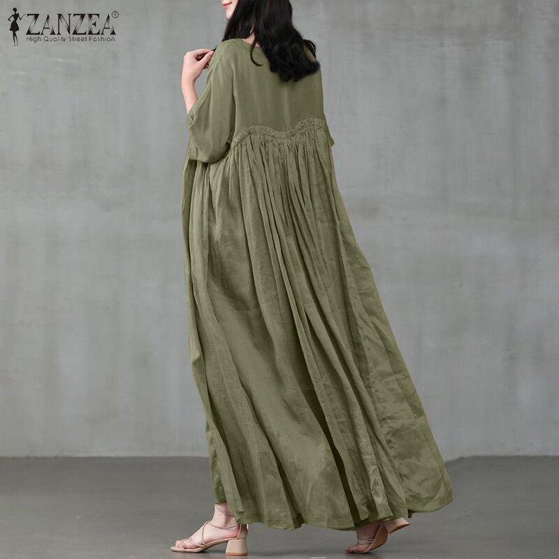 Zanzea-Vestido de verão feminino, vestido maxi casual, meia manga, longo, gola O, robe kaftan plissado, feminino, 2023