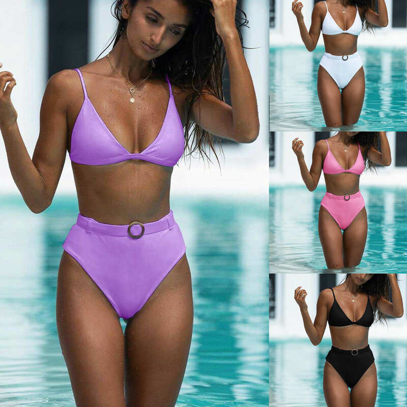 Sexy taille haute Bikini ensemble couleur unie maillots de bain femmes rembourré maillot de bain femme brésilien Bikini baigneurs maillot de bain