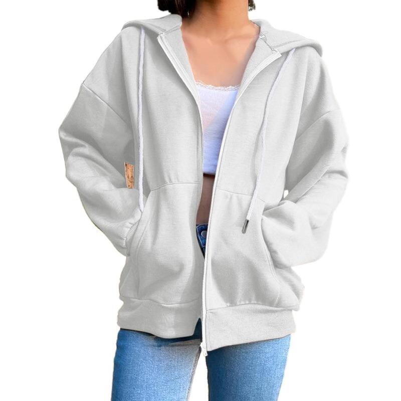 Autumn Fleece Hoodie Solid Color Hooded Korean Fashion Sweatshirts Long Sleeve Top Drawstring Pockets Loose Zipper Black Hoodies