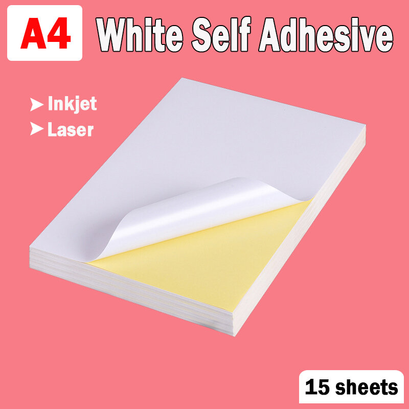 Papel adhesivo pegatina A4 para impresora de inyección de tinta o láser, color blanco brillante, mate, etiqueta artesanal, 15 hojas