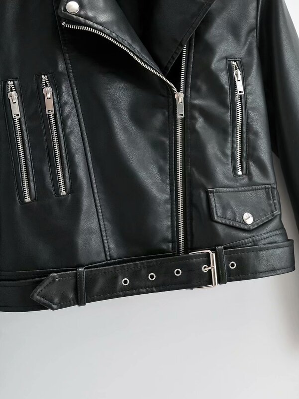 Novo casaco feminino outono inverno couro sintético preto jaqueta com zíper gola virada para baixo motor motociclista com correia