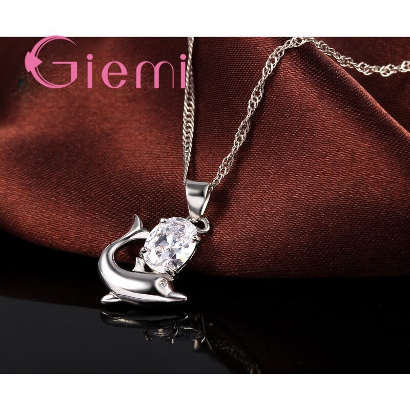 Conjunto de joyería de regalo encantador S925, collar con colgante de delfín romántico, pendientes de Aro para mujeres y niñas, piedras de circonita cúbica ovaladas brillantes