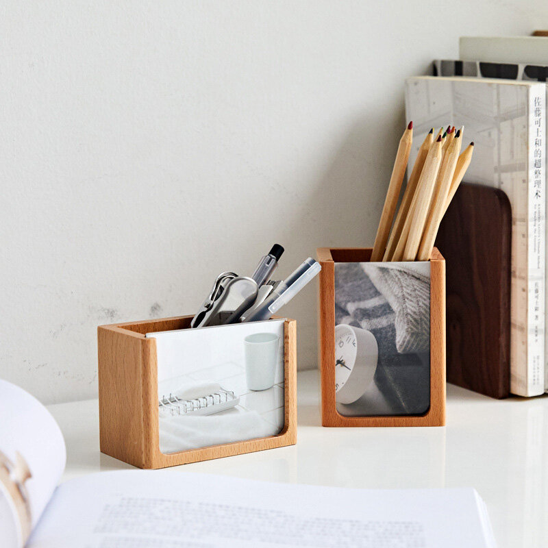 Wooden Pen Holder with Photo Frame Desk Stationery Organizer Beech Handmade Pencil Cosmetics Holder Органайзер канцелярский