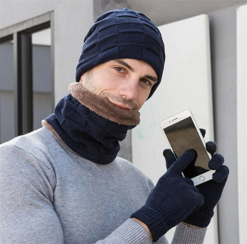 Conjunto de 3 guantes para hombre, gorro de felpa cálido para exteriores, bufanda y guantes con pantalla táctil, accesorios para invierno, 2019