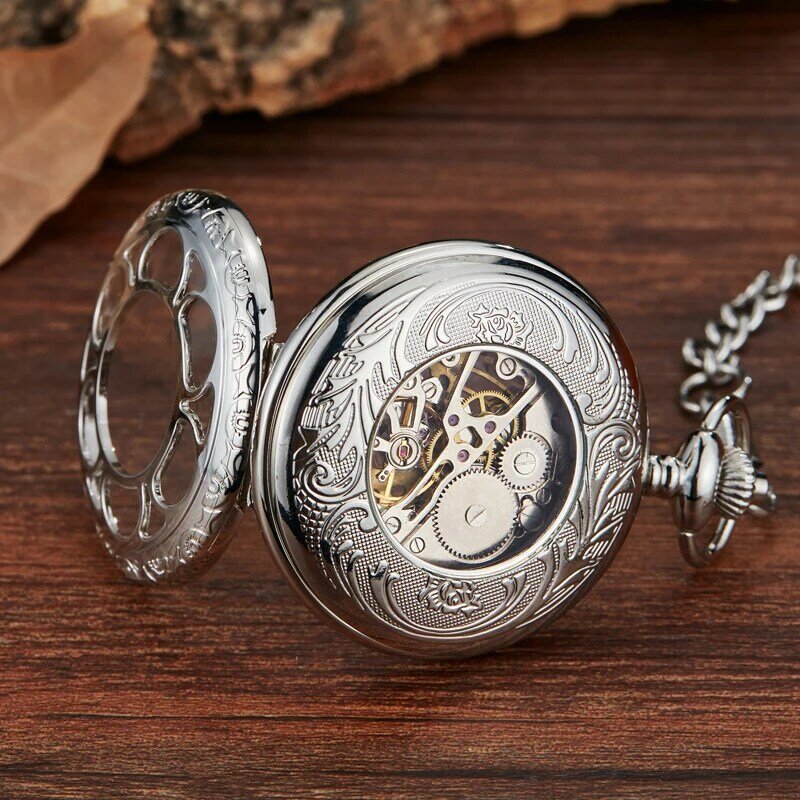Reloj de bolsillo mecánico para hombre, reloj Retro con esqueleto hueco y flor, cadena de acero Fob, escultura exquisita, números romanos
