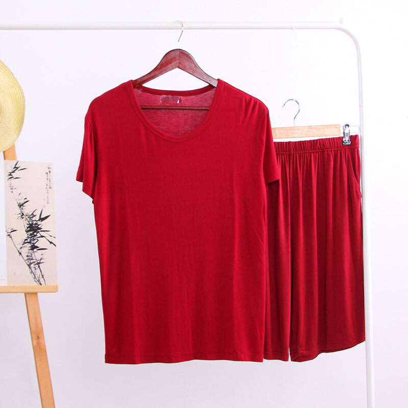 Musim Panas Modal Piyama Set Tipis Lengan Pendek T-shirt Celana Pendek Baju Tidur Pria Kasual Set 2 Buah Warna Solid Leher V Pakaian Rumah
