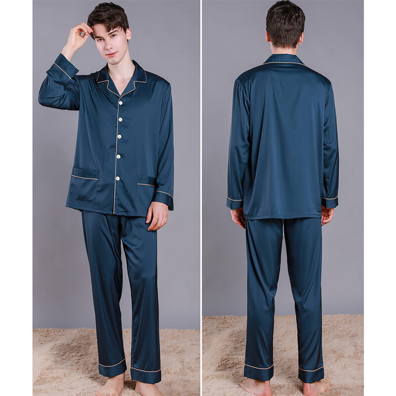 Пижамный комплект мужской из вискозы, тонкая дышащая Пижама, благородный однотонный Шелковый удобный Атласный пижамный комплект, Повседневная Пижама, лето