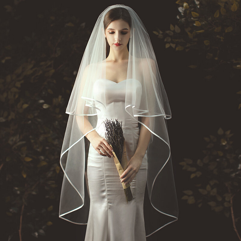 2T Wedding Veil Short Tulle Ribbon Edge Bridal Veils Two Layer Bride Veils