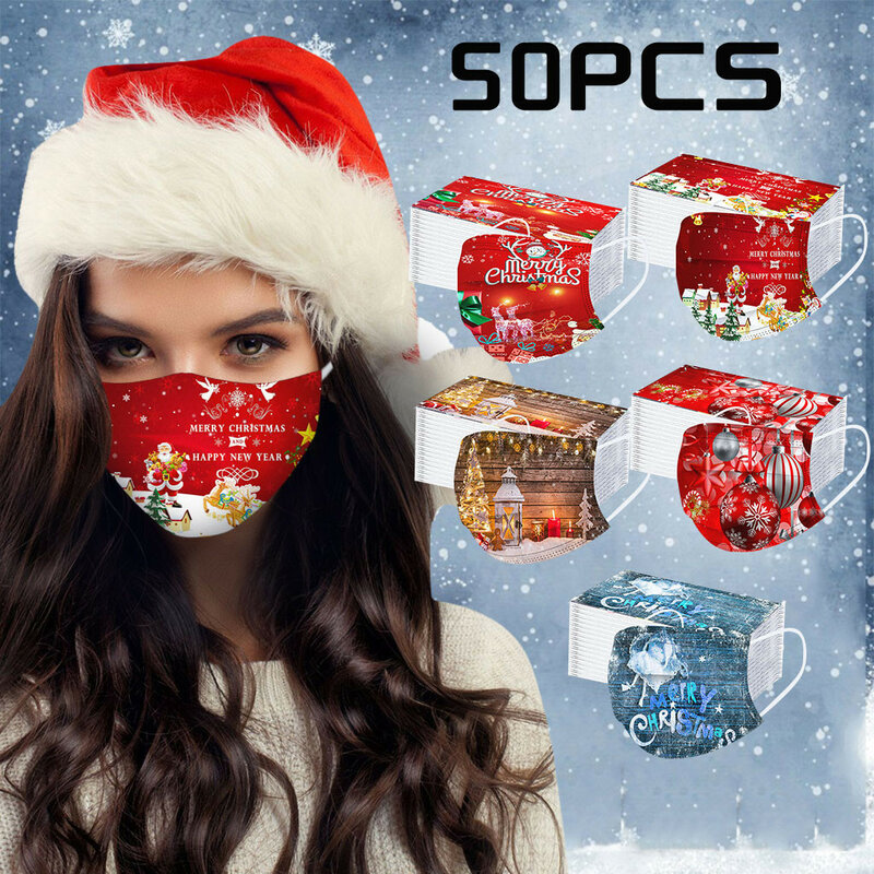 50 PCS Christmas Print Disposable Face Mask Adults With Drawings Mouth Masks Mascarilla 3 Capas Xmas Facial Masque De Protection