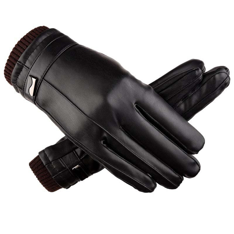 PU leather gloves ladies winter warm plus velvet touch screen thick gloves