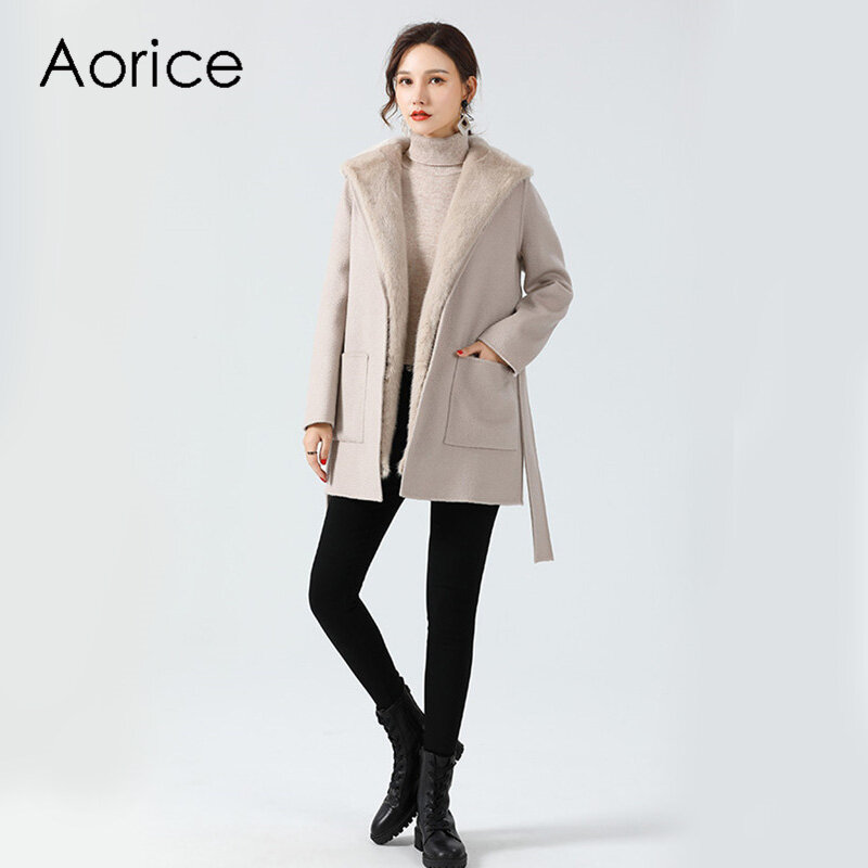 Aoice-冬用の毛皮のコートジャケット,女性用の本物の毛皮のフード,ウサギの毛皮の裏地,レインコート,長いトレンチコート,z19172,2020