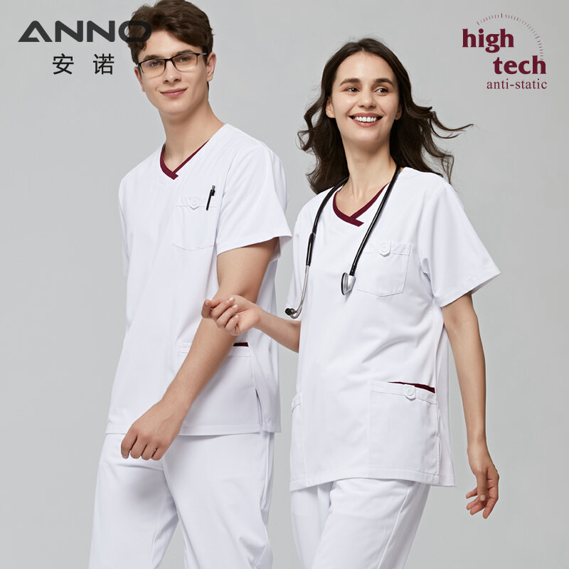 Anno branco esfrega uniformes profissionais anti-estáticos do pessoal da enfermeira da roupa médica com fio condutor 1% terno de trabalho do hospital