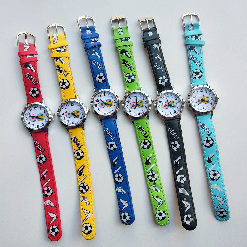 サッカーパターン野球時計,4種類のクォーツビーズ,レザーストラップ,子供と女の子のための腕時計
