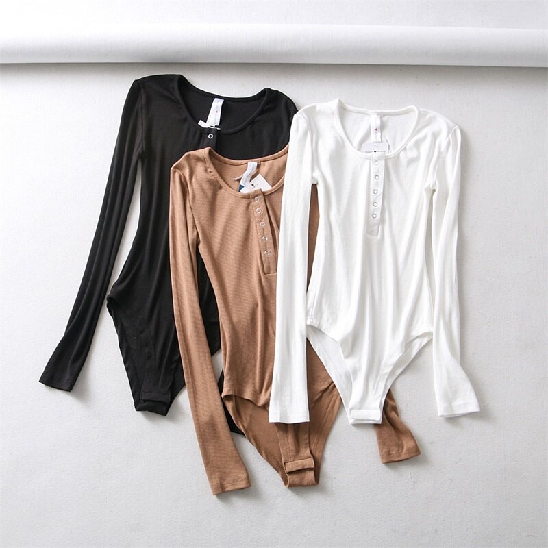 Women O Neck Button Front Long Sleeve Ribbed Bodysuit