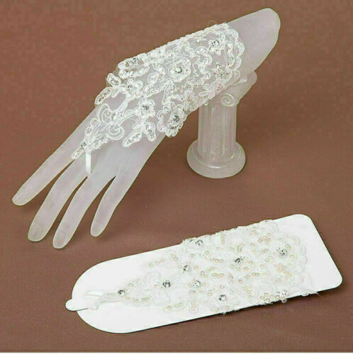 Guanti da sposa bianchi senza dita strass gancio per dito pizzo in rilievo per formale