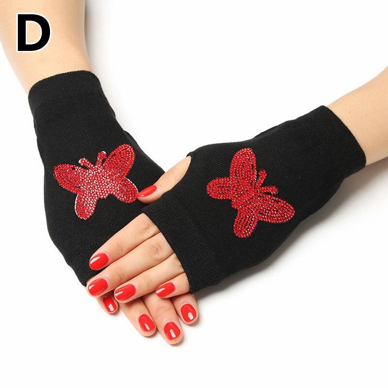 Women's Half Finger Hand Warmer Fingerless Mittens Sparkling Knitted Gloves Winter Black Rhinestone