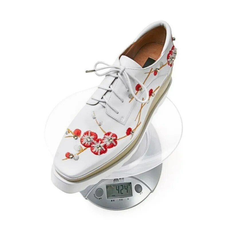 Nova marca feminina floral bordado cunhas sapatos plataforma grossa rendas até casual streetwear creeper couro genuíno sapatos de dedo do pé quadrado
