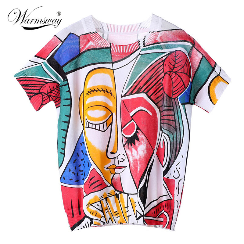 Summer Contrast Color Painting Printing Women Short Sleeve Knit Top Little Bird Printed Girl's Thin Loose Sweater T-Shirt  B-151