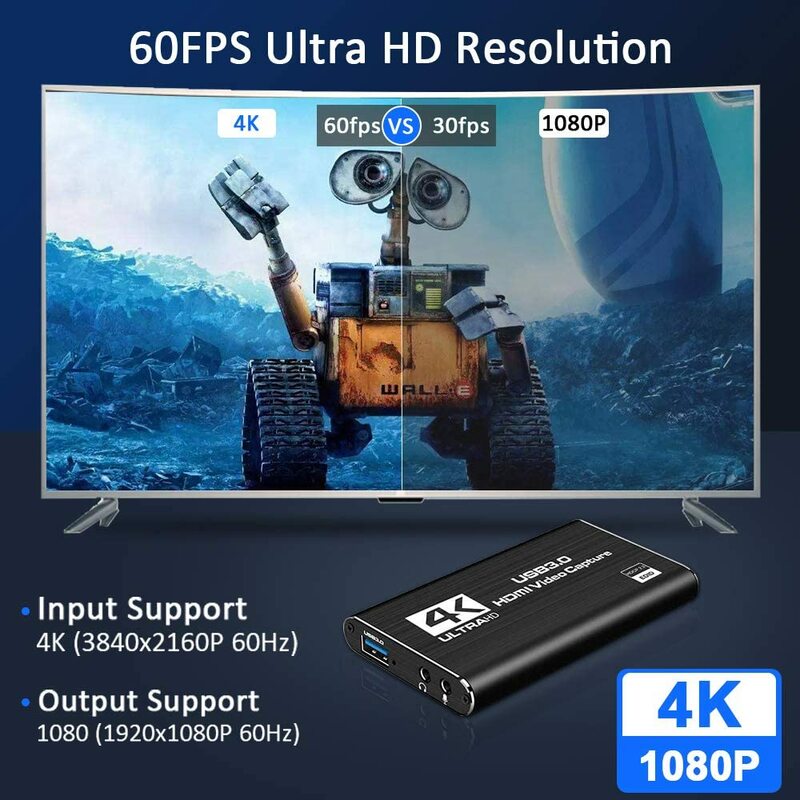 Tarjeta de captura de Audio y vídeo 4K HDMI a USB 3,0, dispositivo grabador de juegos de Streaming en vivo, 1080P, 60fps, para PS4