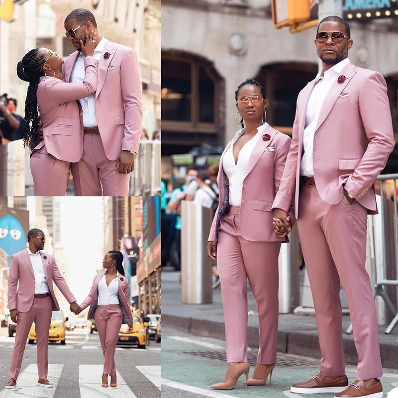 2 Pcs Hot Couples British Pink Costume Homme Mens Suits Groomsmen Wedding Tuxedos Terno Masculino Slim Fit Prom (Jacket+Pants)