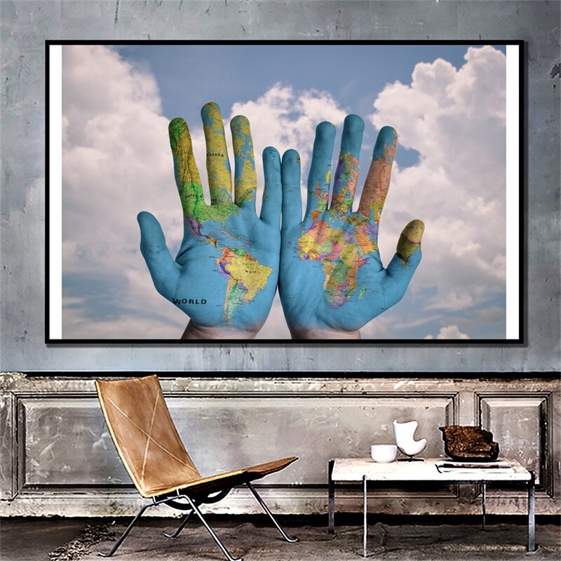 Карта мира 225*150 см, карта в форме руки, Нетканая Картина на холсте, настенный плакат, творческие принты, школьные классные принадлежности