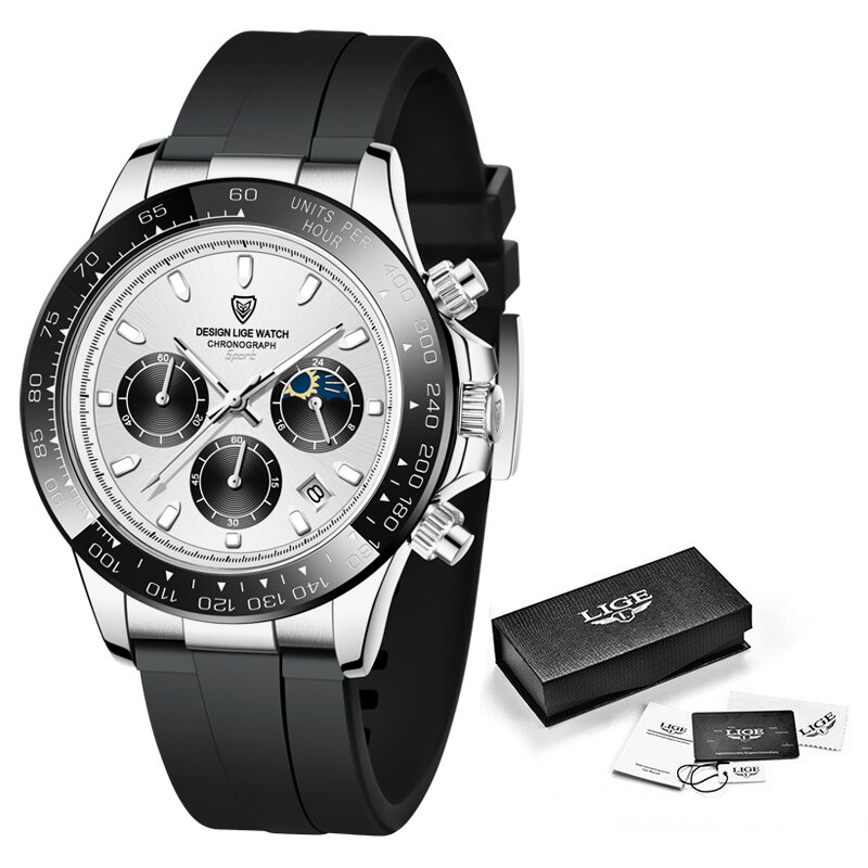 LIGE Top Brand Luxury Mens Watches Sport Silicone Chronograph Quartz Watch for Men Wristwatches Waterproof Relogio Masculino+Box
