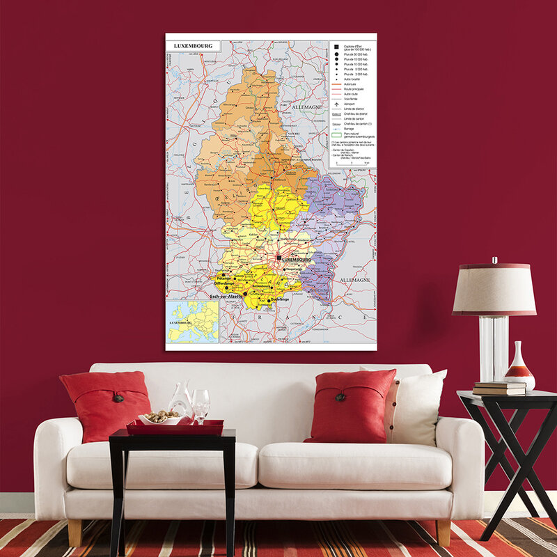 150*225Cm Vervoer Kaart Van De Luxemburg In Franse Niet-geweven Muur Poster Canvas Schilderij Woondecoratie schoolbenodigdheden