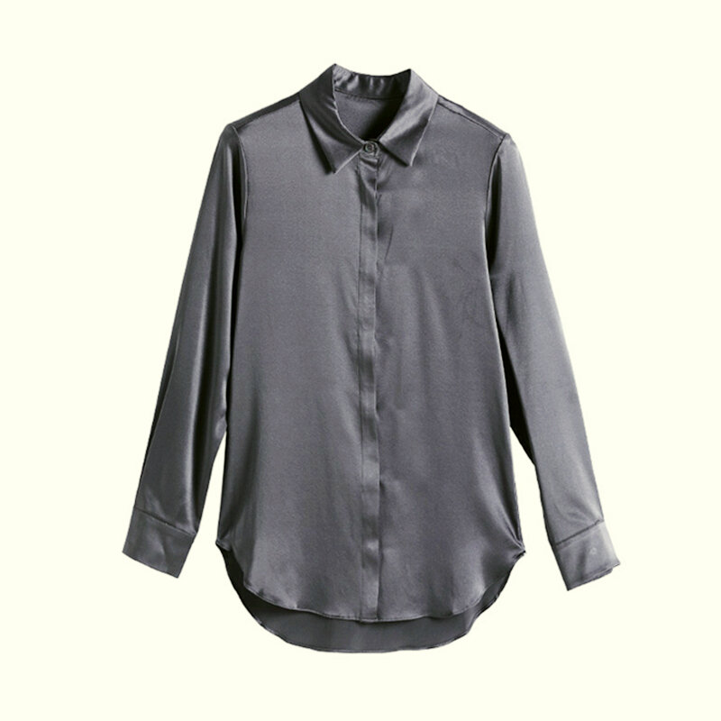 Blusa de seda feminina, camisa de design simples, gola virada para baixo, manga comprida, em 2 cores, nova moda, 100%
