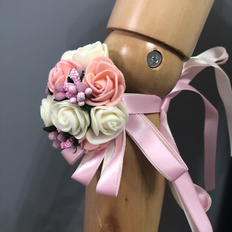 Wróżka ślubne kwiaty na nadgarstek jasnoniebieskie/różowe akcesoria ślubne L & P DQL Studio prawdziwe zdjęcia stanik na nadgarstek