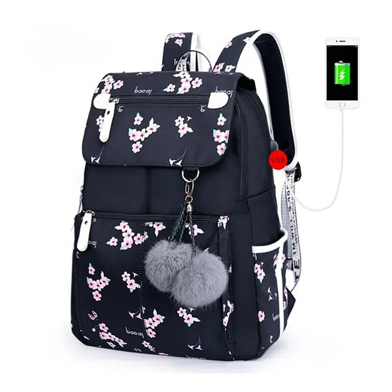 OKKID – Sac à dos d'école pour filles, sacoche féminine avec chargeur usb, pour ordinateur portable, imprimé chat mignon, fourre-tout pour enfants