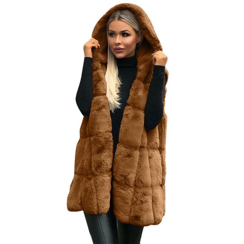 Chaleco de piel sintética con capucha para mujer, abrigo cálido y grueso de otoño e invierno, chaleco largo sin mangas, chaqueta de piel, abrigo sólido para mujer