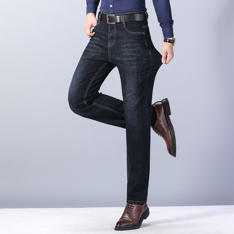 Pantalones vaqueros de algodón para hombre, Jeans de alta calidad, ajustados, rectos, informales, de negocios, elásticos, color negro y azul, 2023