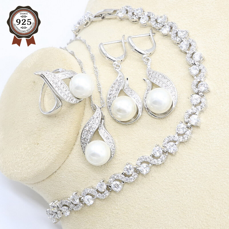 Conjunto de joyería de plata de perla de agua dulce blanca para mujer, pulsera de circón, pendientes, collar, anillo colgante, regalo de cumpleaños, 925