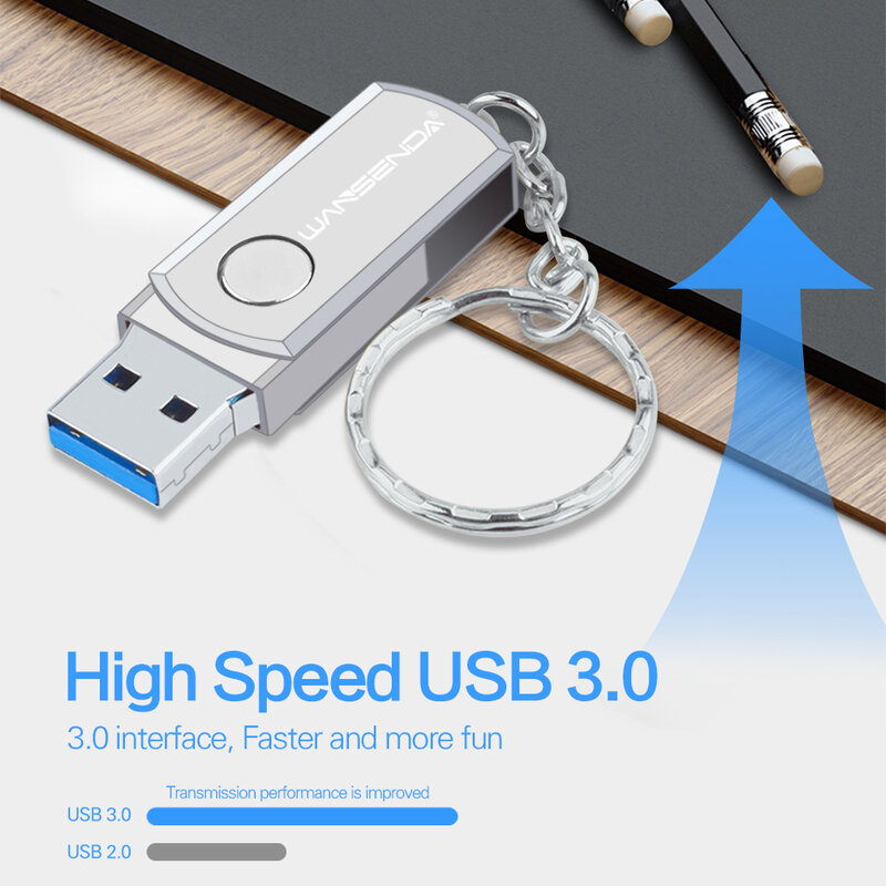 USB 3.0 Flash Drive de aço inoxidável com chaveiro, Pendrive, Memory Stick, 256GB, 128GB, caneta de rotação, 16GB, 32GB, 64GB