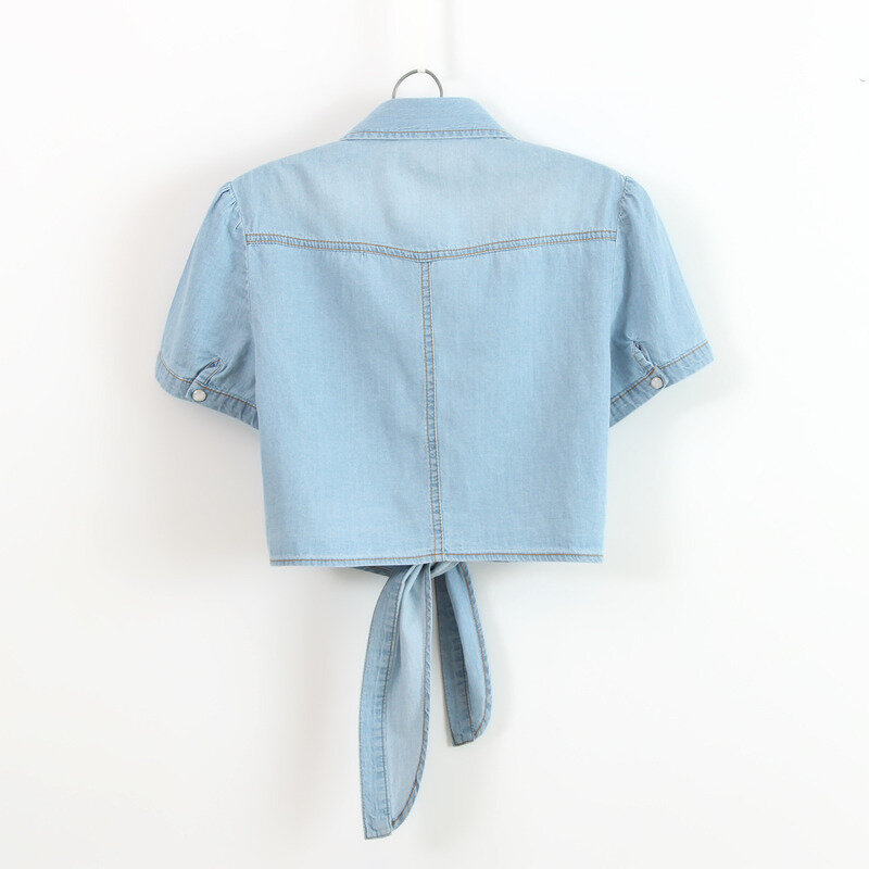 Ruoru Kimono Crop Top Summer Women Girls Short Denim Shirts Tie Up Jeans Blouse Students Coats Denim Women Shirts Cute Tops