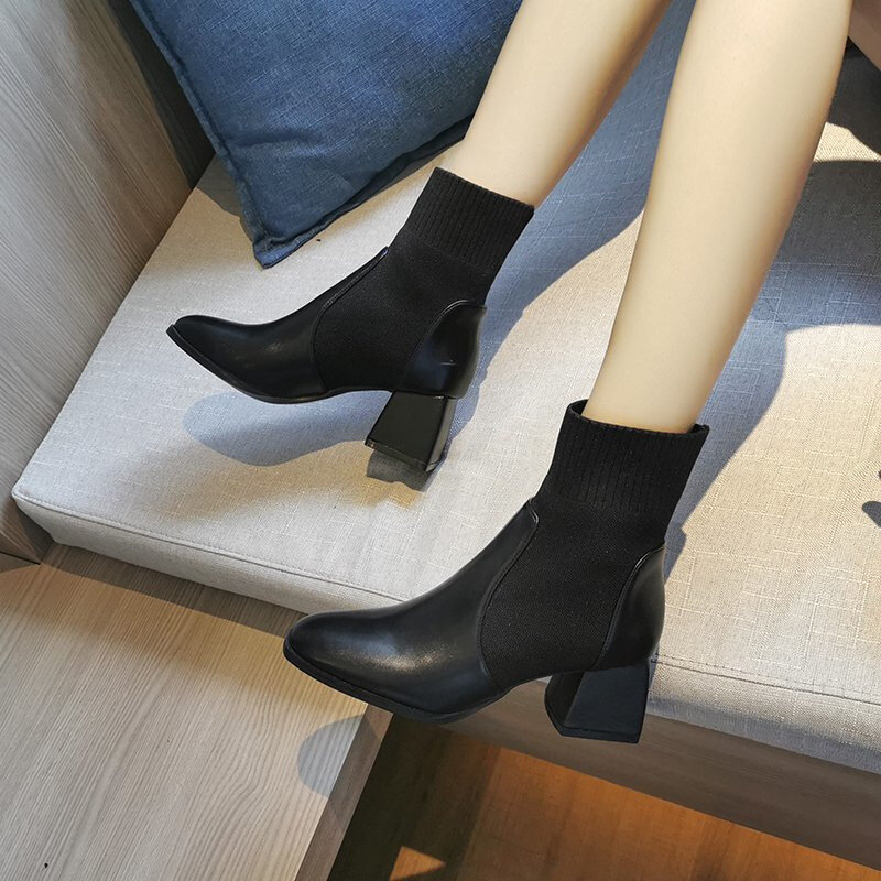 2021 nuovi stivali da donna autunno e inverno calzini elastici lavorati a maglia stivali stivali con tacco spesso punta quadrata stivali Chelsea alla caviglia alla moda