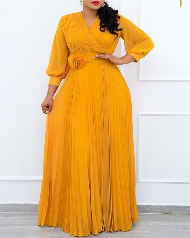 African Dresses for Women 2021 Summer African Women Plus Size Long Sleeve Yellow Long Dress  African Clothes