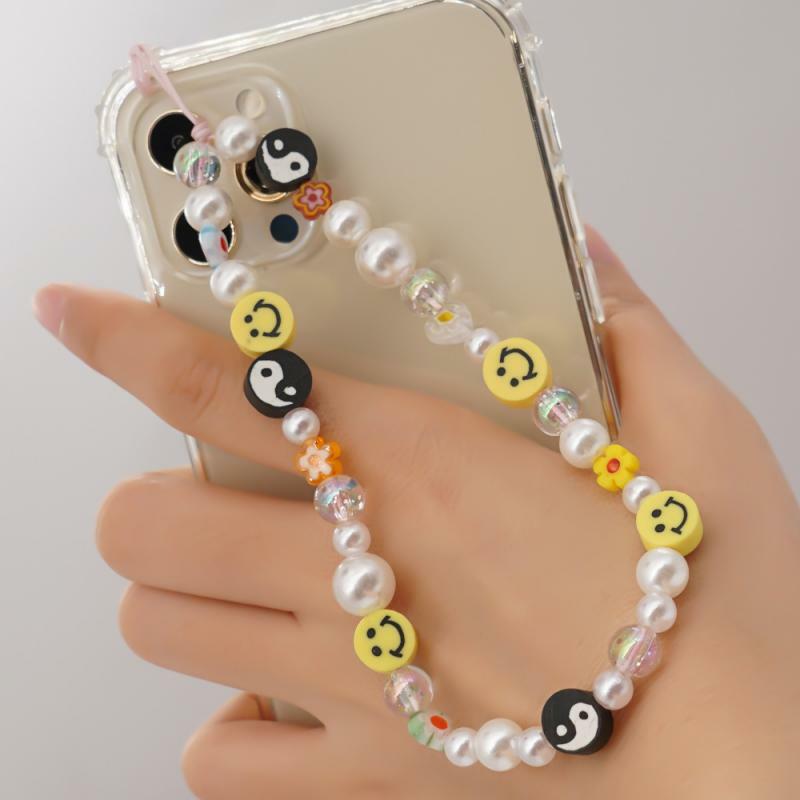 Colgante bohemio para teléfono móvil, cadena redonda con patrón de Tai Chi, arcilla polimérica, perla, cordón antipérdida, cuentas acrílicas, cadena para teléfono móvil