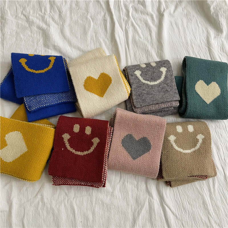 Outono inverno crianças quente longo tricô cachecol para meninas meninos coreano novo grosso smiley amor padrão dos desenhos animados lenços de lã crianças