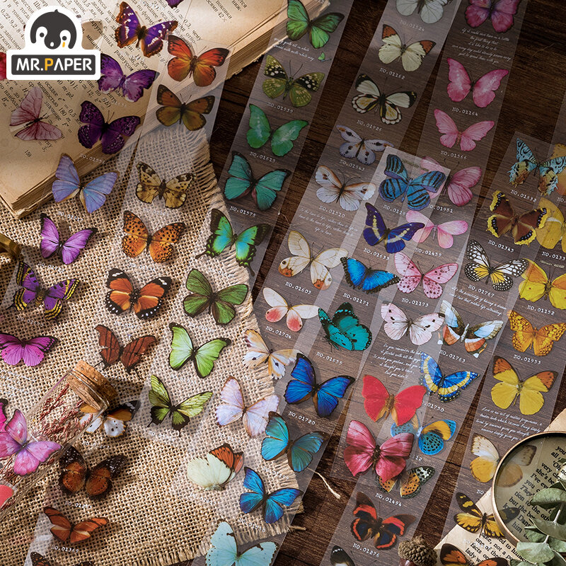 Mr.Paper-Ruban séparé à longue bande de style rétro vintage, série de collectionneurs de papillons, compte à main bricolage, matériel de décoration, 8 modèles