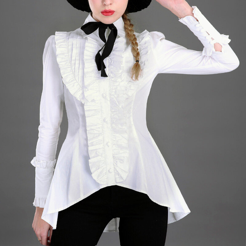 Spring Vintage Gothic Lolita Shirts Women Ruffled Long Sleeve Victorian Shirt Ladies Swallowtail Cotton Lolita Blouse Vestidos